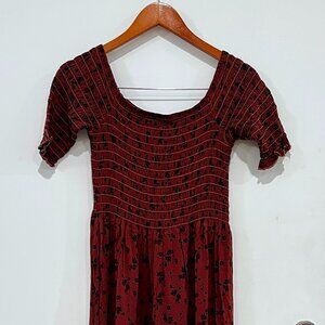 Anthropologie Smocked Maxi Dress | Small | Red, Black Floral